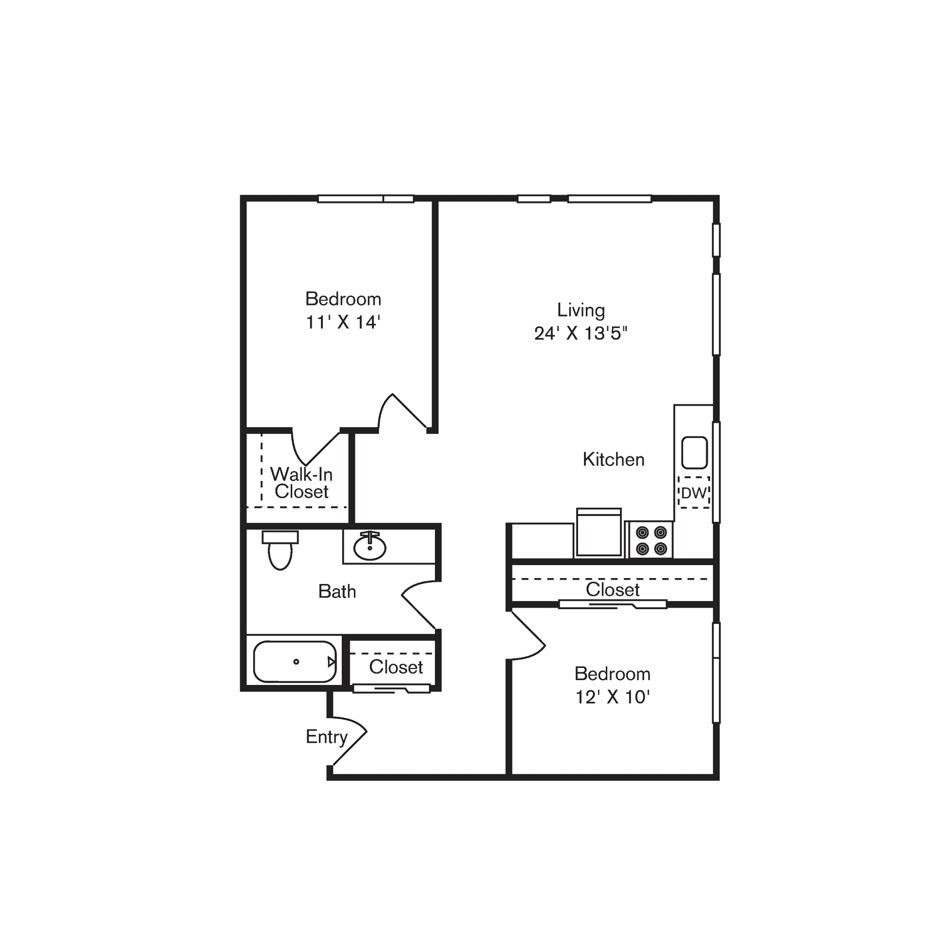 Floor plan for 2 beds, 1 bath, 931 sqft